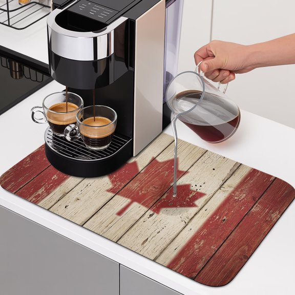 Red Maple Leafs Dish Drying Mats for Kitchen Counter, Vintage Wood Grain Striped Canadian Flag Absorbent Coffee Bar Mat with Non-slip Rubber Backed Quick Drying Dish Rack Pad 12"x16"