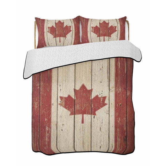 Red Maple Leafs Quilts Bedding Set King Size Vintage Wood Grain Striped Canadian Flag Lightweight Quilted Bedspread 3 Piece Bed Quilt with 2 Pillow Shams All Season for Bedroom 90" x 96"