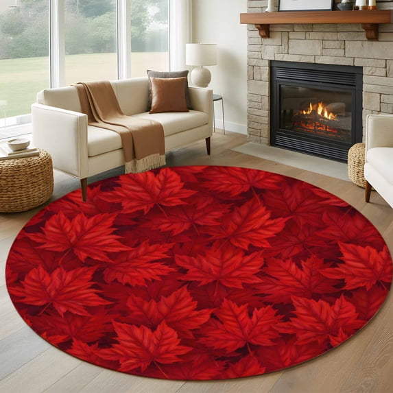 Red Maple Leaves Round Area Rug 7Ft Washable Circle Rugs for Dorm Laundry Room, Modern Art Botanical Non-Slip Carpet Floor Mats Indoor Outdoor Carpet Runner Aesthetic Home Decor