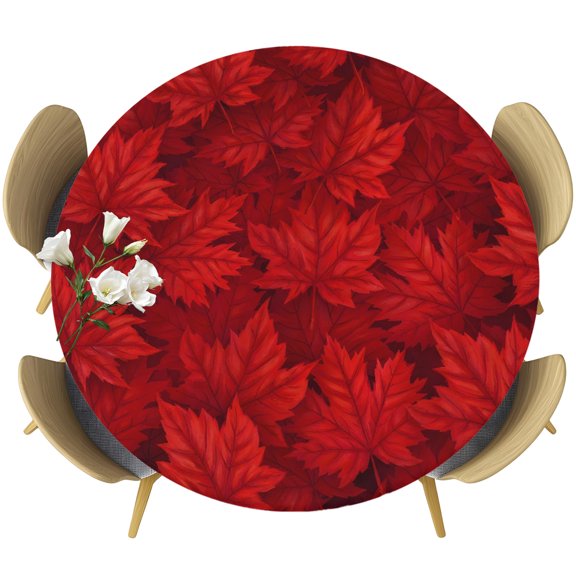 Red Maple Leaves Round Tablecloth 36-44 Inch Round Fitted Table Cloth with Elastic Edge, Modern Art Botanical Waterproof Table Cover Protector for Outdoor Picnic Party Dining