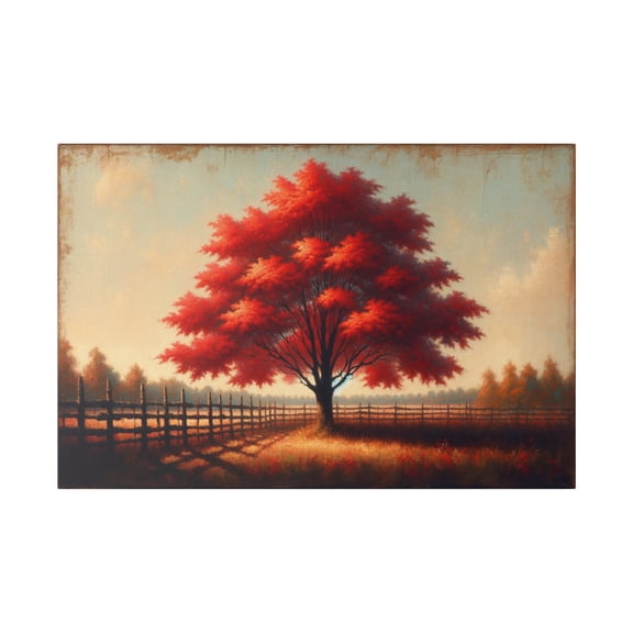 Red Maple Matte Canvas, Stretched, Wall Decor Wall Art Maple Tree & Fence