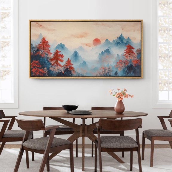 Red Maple Sunset Misty Mountain Japandi Poster, Unframed Size 8x12