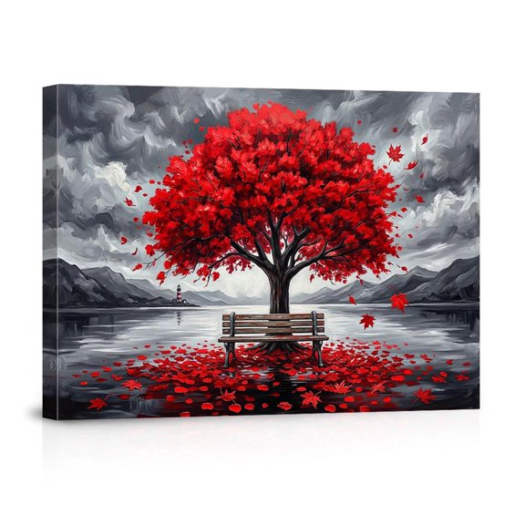 Red Maple Tree By Lake With Bench Serene Landscape For Bedroom Living Room Office Canvas