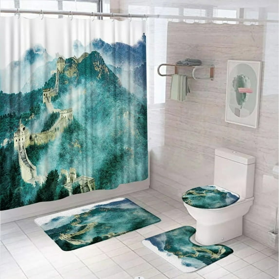 Red Maple Tree Natural Scenery Shower Curtain Set Mount Fuji Blue Ocean Sea Bathroom Curtains Non-Slip Bath Mat Rug Toilet Cover