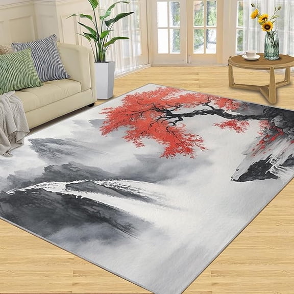 Red Maple Waterfall Area Rug, Ink Red Maple Rug, Autumn Landscape Rugs for Living Room, Indoor Non-Slip Rugs, Machine Washable Carpet for Front Entrance Floor Decor 2 x 3ft