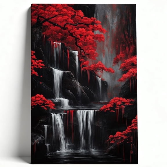 Red Maple Waterfall Framed Canvas Wall Art - Japanese Style Landscape Painting, Dramatic Black & Red Nature Scenery Print, Modern Asian Artwork For Living Room, Bedroom, Office Decor 8*12inch(20*30cm