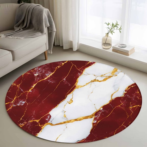 Red Marble 3FT Round Area Rugs for Living Room Gold Foil Modern Abstract Minimalist Art Ultra-Thin Non-Slip Round Rugs Machine Washable Low Pile Circle Carpet for Bedroom Kitchen Nursery