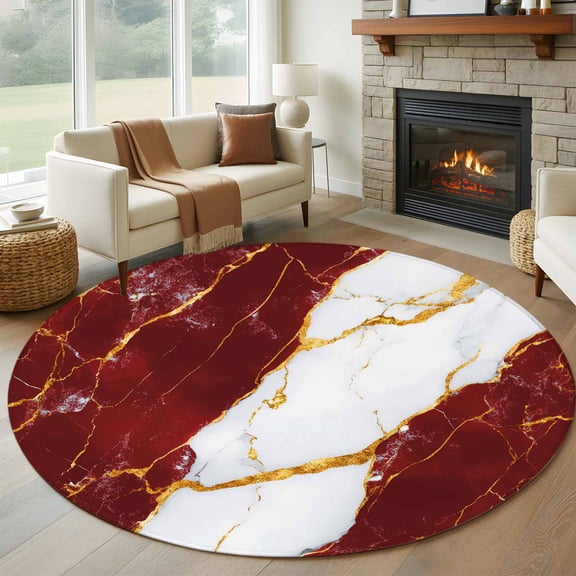 Red Marble 8FT Round Area Rugs for Living Room Gold Foil Modern Abstract Minimalist Art Ultra-Thin Non-Slip Round Rugs Machine Washable Low Pile Circle Carpet for Bedroom Kitchen Nursery