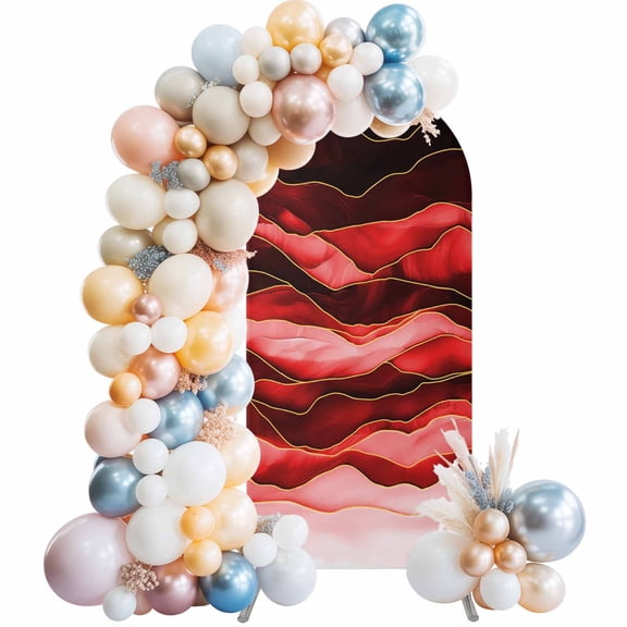 Red Marble Arch Backdrop Cover 5Ft, Wedding Arch Covers Stretchy Backdrop, Abstract Wave Lines Crack Gradient Fitted 2 Sided Arched Photo Background for Birthday Party Decorations
