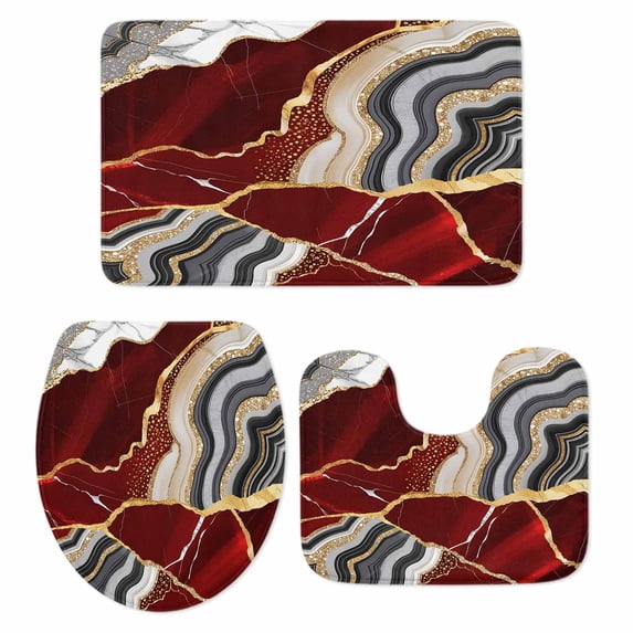 Red Marble Bath Mat 3 Piece Bathroom Rug Set, Grey Gold Texture Vintage Farmhouse Art Non Slip Bath Rug Contour Mat and Toilet Lid Cover, Absorbent Shower Mats Soft Bath Rugs and Mats Sets