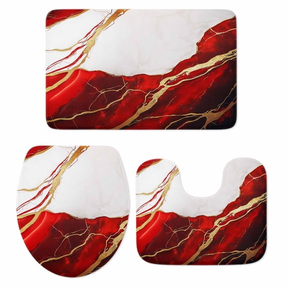 Red Marble Bath Mat 3 Piece Bathroom Rug Set, Modern Ink Painting Art Abstract Non Slip Bath Rug Contour Mat and Toilet Lid Cover, Absorbent Shower Mats Soft Bath Rugs and Mats Sets