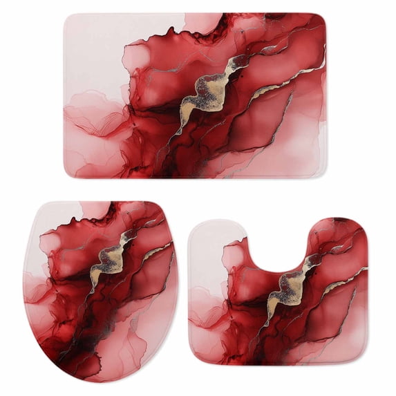 Red Marble Bath Mat 3 Piece Bathroom Rug Set, Modern Ombre Abstract Ink Painting Art Non Slip Bath Rug Contour Mat and Toilet Lid Cover, Absorbent Shower Mats Soft Bath Rugs and Mats Sets