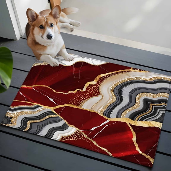 Red Marble Bathroom Mat 2x3 FT, Non Slip Small Kitchen Mat, Grey Gold Texture Vintage Farmhouse Art Washable Soft Backed Front Door Throw Rug Non-Shedding Indoor Outdoor Doormat for Entryway Sink