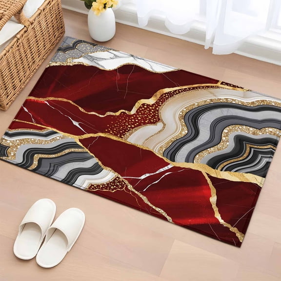 Red Marble Bathroom Rug Washable 2x3 Entryway Rug Non Slip Grey Gold Texture Vintage Farmhouse Art Front Door Mat Low Pile Indoor Doormat Throw Floor Carpet for Kitchen Bedroom Entrance