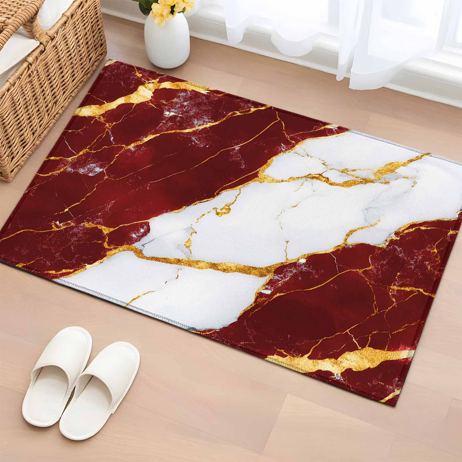 Red Marble Bathroom Rug Washable 2x3 Entryway Rug Non Slip Luxury Gold ...