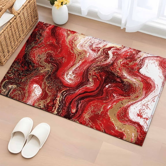 Red Marble Bathroom Rug Washable 2x3 Entryway Rug Non Slip Modern Abstract Ombre Fluid Aesthetic Front Door Mat Low Pile Indoor Doormat Throw Floor Carpet for Kitchen Bedroom Entrance