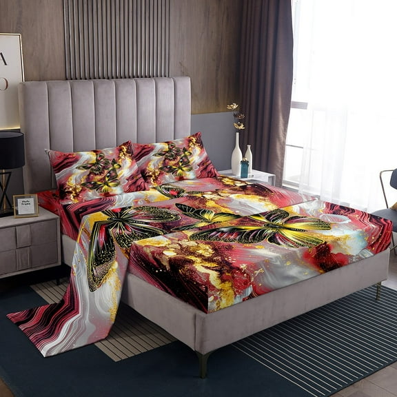 Red Marble Bed Sheets Set Black Butterfly Sheet Set King,Gold Marbling Sheets Abstract Ombre Ink Fluid Art Flat Sheet Aesthetic