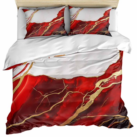 Red Marble Bedding 3 Piece Duvet Cover Set Queen Size, Modern Ink Painting Art Abstract Soft Microfiber Comforter Cover with Zipper Closure & Pillowcases, Wrinkle & FadeResistant Quilt Cover