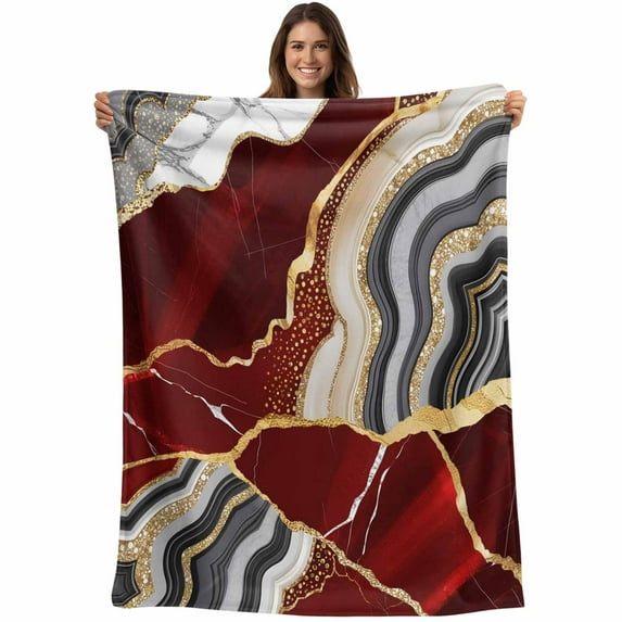Red Marble Blanket Soft Cozy Warm Twin Blanket for Bed, Plush Fuzzy Flannel Fleece Blankets for Sofa, Grey Gold Texture Vintage Farmhouse Art Throw Blankets for Couch, Gifts for Men, 60"x80"