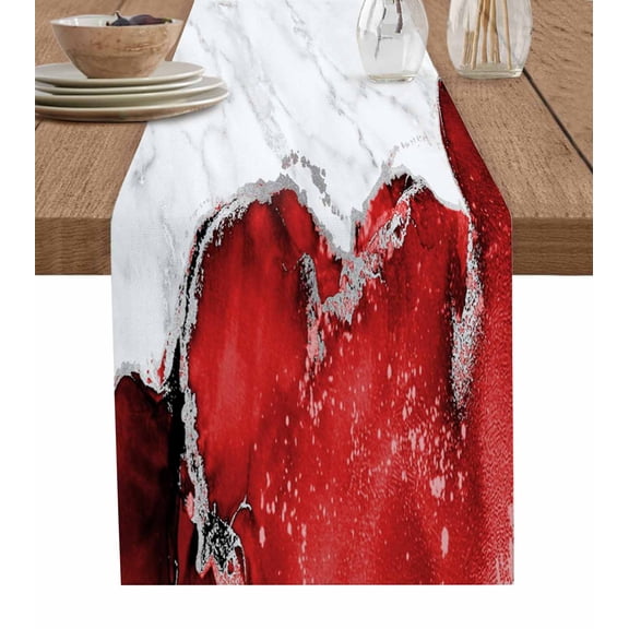 Red Marble Crack Burlap Cotton Table Runner 16x72 Inches Long, Modern Abstract Geometric Texture Farmhouse Table Runners, Outdoor Dining Tablecloths Decor for Baby Shower/Party/Wedding