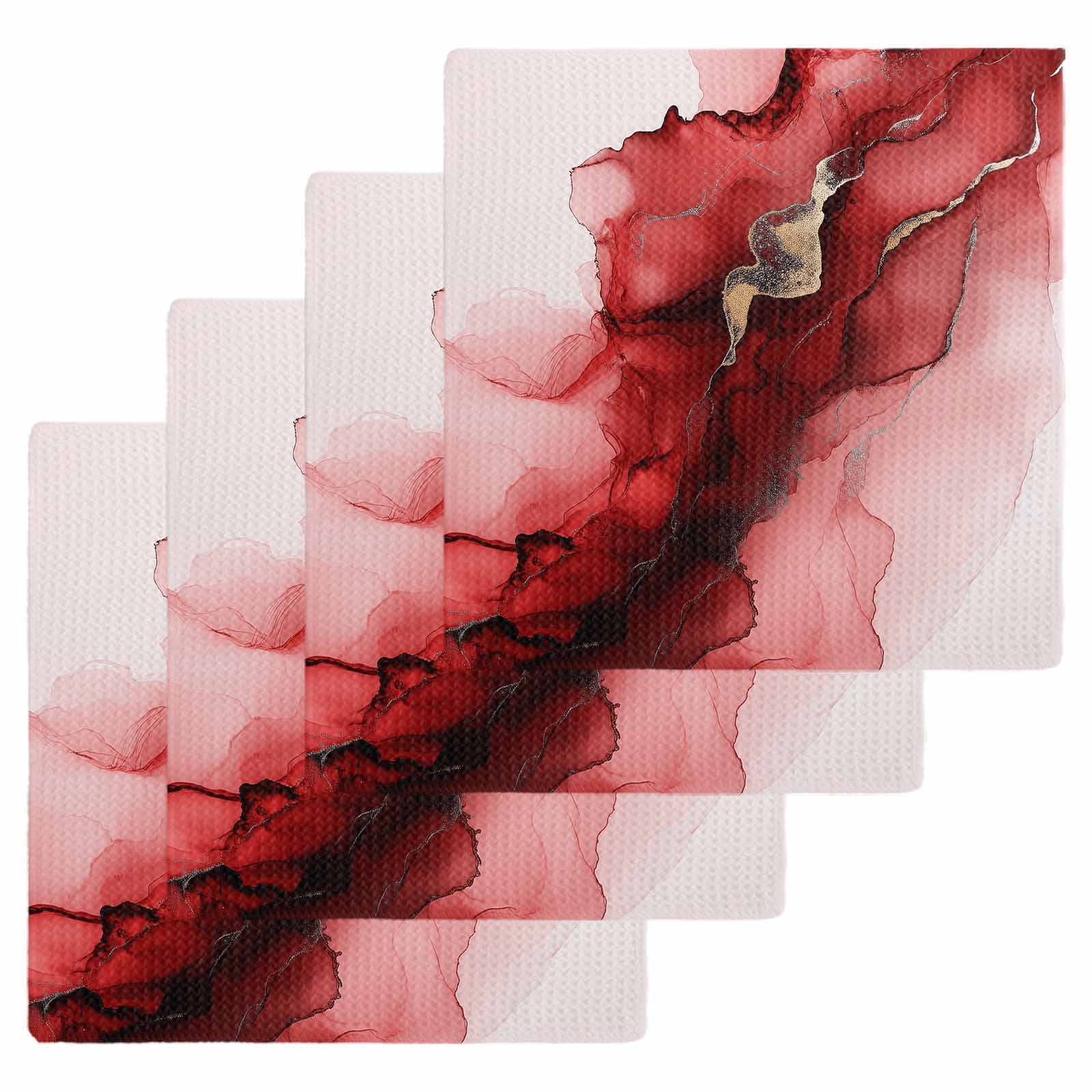 Red Marble Dish Towels Set, Waffle Weave Kitchen Towels 4 Pieces ...