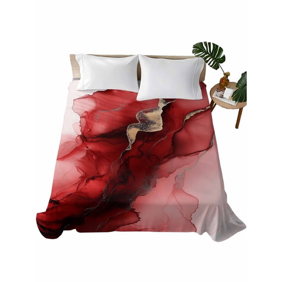 Red Marble Flat Sheets Only King Size, Soft Breathable Bed Top Sheets for Mattress, Modern Ombre Abstract Ink Painting Art Luxury Bedding Flat Sheets for Home Hotel Bedroom Bed Protection