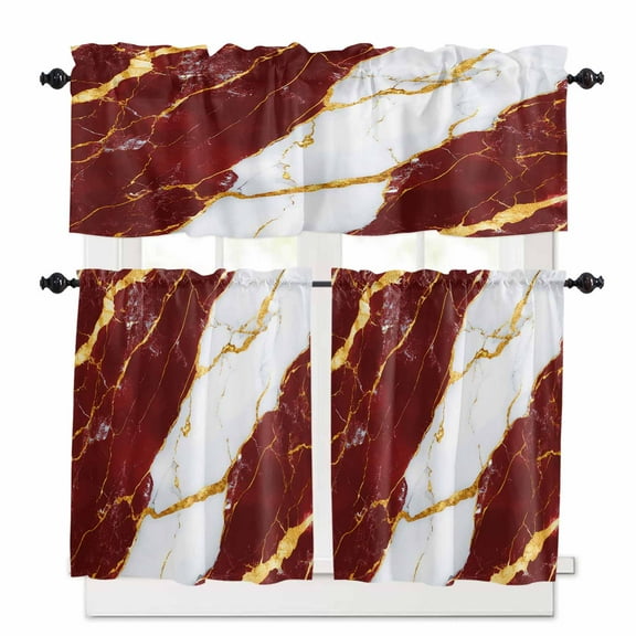 Red Marble Kitchen Curtains and Valances Set, Gold Foil Modern Abstract Minimalist Art Rod Pocket Window Valance 18 Inch Window Curtain Panels for Living Room Bedroom Laundry, 27.5x36in, 3 Pieces