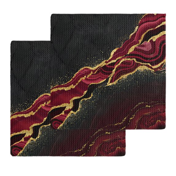 Red Marble Kitchen Dish Towels for Drying Dishes Set of 2, Gold Abstract Vintage Modern Ombre Art Waffle Weave Microfiber Hand Tea Bathroom Towels Quick Dry & Absorbent Towel 12x12