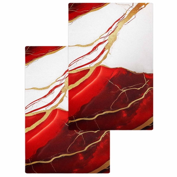 Red Marble Kitchen Dish Towels for Drying Dishes Set of 2, Modern Ink Painting Art Abstract Waffle Weave Microfiber Hand Tea Bathroom Towels Quick Dry & Absorbent Towel 15.7x23.6