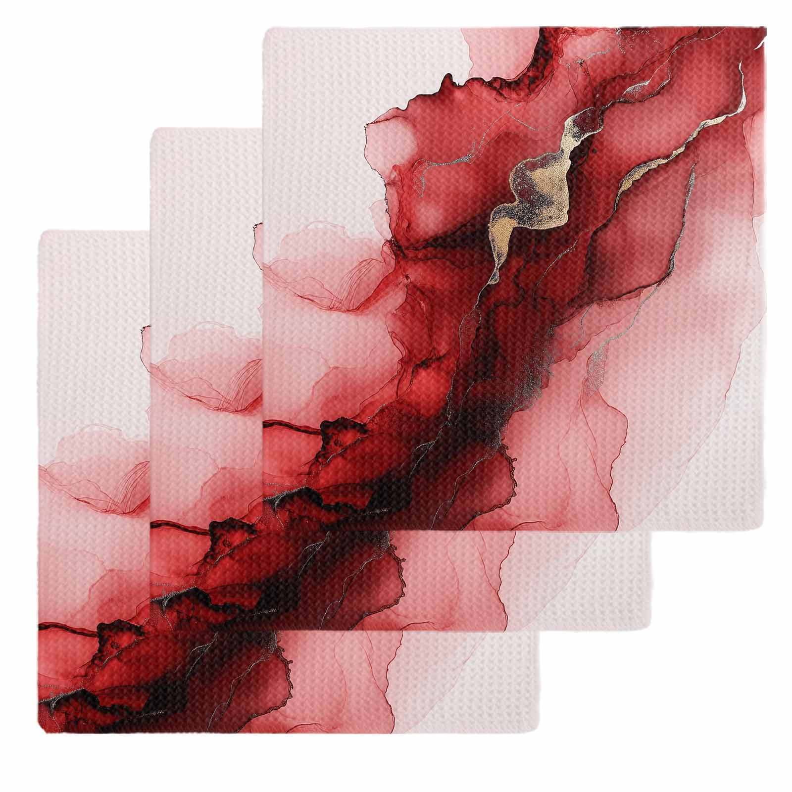 Red Marble Kitchen Dish Towels for Drying Dishes Set of 3, Modern Ombre Abstract Ink Painting Art Waffle Weave Microfiber Hand Tea Bathroom Towels Quick Dry & Absorbent Towel 12x12