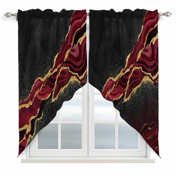 Red Marble Kitchen Window Curtains, Swag Curtains Valance for Bedroom Living Room Bathroom, Gold Abstract Vintage Modern Ombre Art Rod Pocket Window Treatment Curtain Block Drapes 2 Panels 36"x63"
