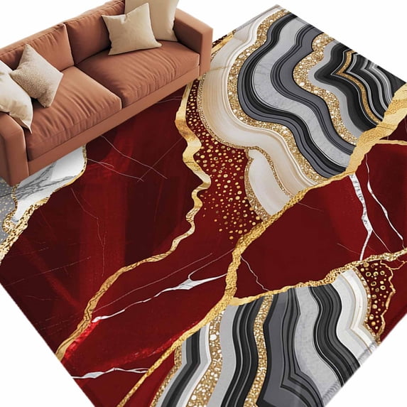 Red Marble Large Area Rugs for Bedroom Living Room, Soft Non Slip Carpet Bedside Rug, Grey Gold Texture Vintage Farmhouse Art Rectangular Floor Cover Kitchen Accent Rug 5'x7' for Dining Room/Office