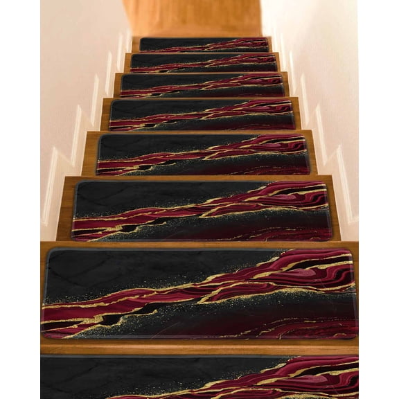 Red Marble Non-Slip Stair Treads for Wooden Steps, 7 Pack-8x30in Carpet Stair Mats with Adhesive Backing, Noise-Reducing Step Covers for Indoor Stairs, Easy to Install & Residue-Free