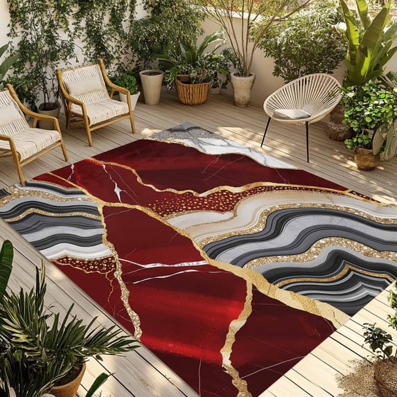 Red Marble Outdoor Rug 6x9 Ft - Reversible Patio Rug Outdoor Camping Rugs, Grey Gold Texture Vintage Farmhouse Art Washable Indoor Outdoor Area Rugs, Non-Slip Outdoor Carpet Runner for Deck/Porch