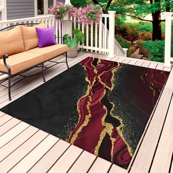 Red Marble Outdoor Rug for Patio/Deck/Porch, Non-Slip Large Area Rug 5 x 7 Ft, Gold Abstract Vintage Modern Ombre Art Indoor Outdoor Rugs Washable Area Rugs, Reversible Camping Rug Carpet Runner