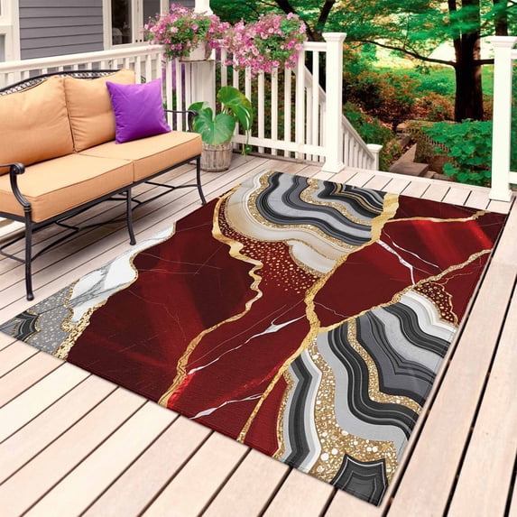 Red Marble Outdoor Rug for Patio/Deck/Porch, Non-Slip Large Area Rug 5 x 7 Ft, Grey Gold Texture Vintage Farmhouse Art Indoor Outdoor Rugs Washable Area Rugs, Reversible Camping Rug Carpet Runner