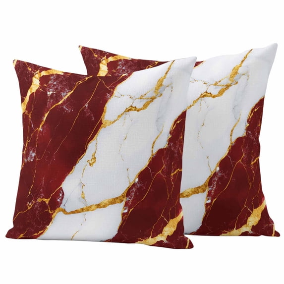 Red Marble Outdoor Waterproof Pillow Covers, Luxury Gold White Abstract Cracks Artwork Decorative Square Throw Pillowcase Sofa Cushion Sham for Patio/Couch/Chair, 24"x24" 2 Pack
