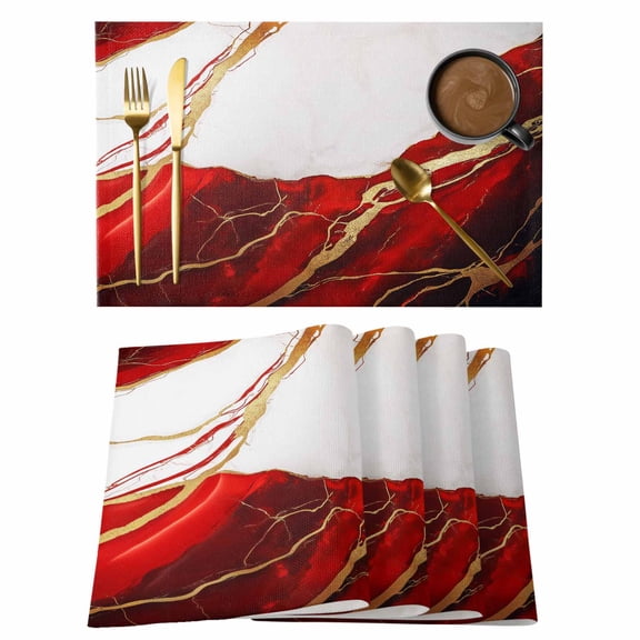 Red Marble Placemats Set of 2, Cotton Linen Fabric Place Mats, Modern Ink Painting Art Abstract Washable Decorative Table Mats Protector for Home Kitchen Dining Wedding Party Coffee Tables