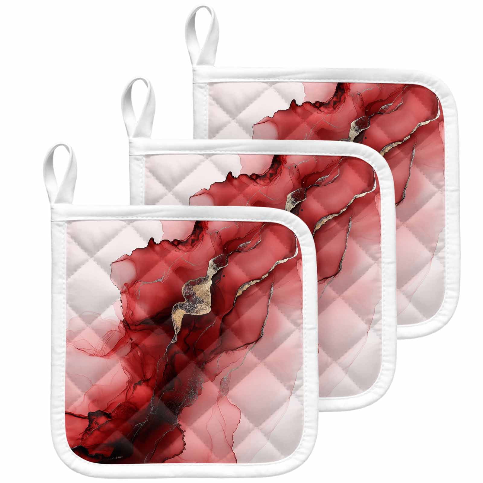Red Marble Pot Holders for Kitchen Heatproof Potholder, 3 Pack Modern Ombre Abstract Ink Painting Art Hot Pads Multipurpose Oven Pads Cloth Potholders Trivet for Cooking Baking