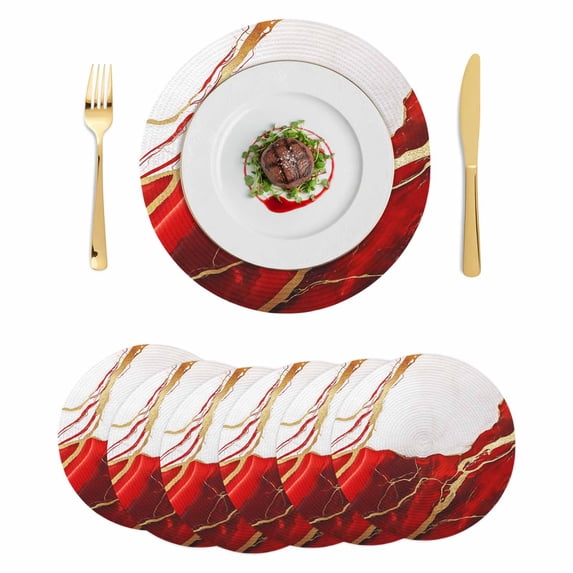 Red Marble Round 15 Inch Placemats Set of 6, Modern Ink Painting Art Abstract HeatResistant Non Slip Place Mats for Dining Table, Wipeable Braided Kitchen Table Mats for Housewarming