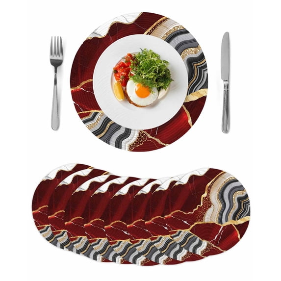 Red Marble Round 15 Inch Placemats Set of 8, Grey Gold Texture Vintage Farmhouse Art HeatResistant Non Slip Place Mats for Dining Table, Wipeable Braided Kitchen Table Mats for Housewarming