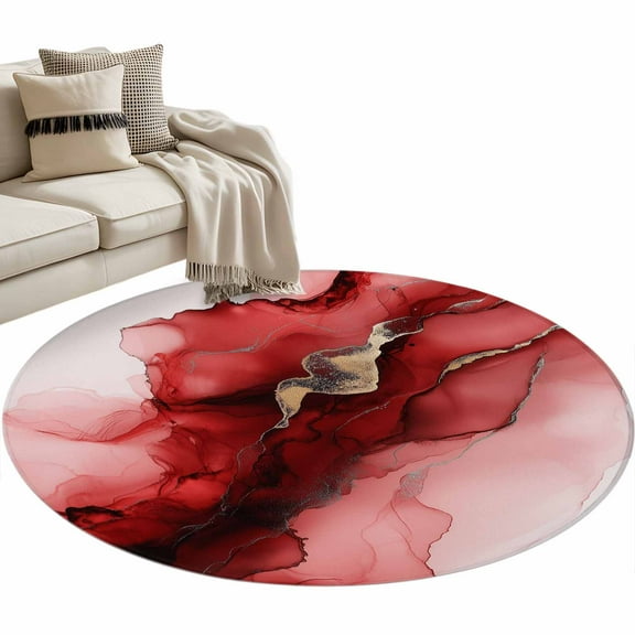 Red Marble Round Area Rug 4 FT, Non Slip Indoor Outdoor Rug, Modern Ombre Abstract Ink Painting Art Washable Soft Circular Carpet Non-Shedding Floor Mat for Coffee Table Nursery Foyer Balcony