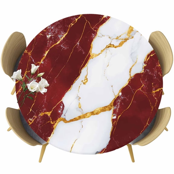 Red Marble Round Fitted Table Cover Gold Foil Modern Abstract Minimalist Art Waterproof Table Cloth with Elastic Edge Wipeable Tablecloth for Picnic Camping Party Fits 36"-44" Diameter