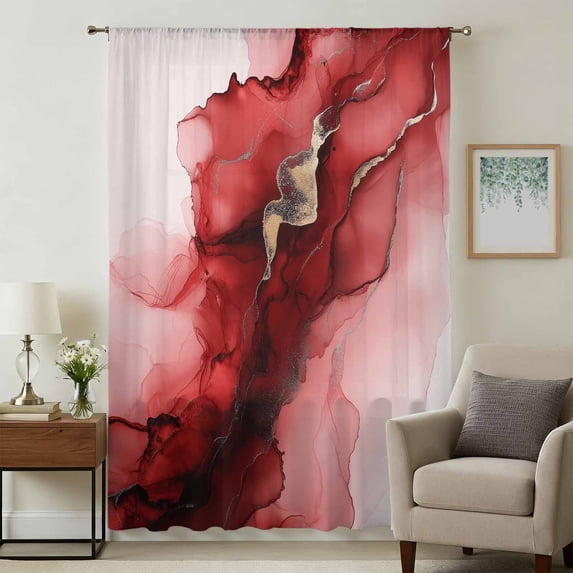 Red Marble Sheer Curtains 72 Inches Long, Modern Ombre Abstract Ink Painting Art Light Filering Curtains, Breathable Simi Curtain Privacy Drapes for Living Room Bedroom Lightweight Window Treatment