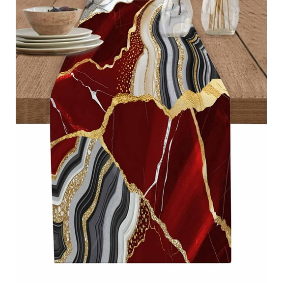 Red Marble Table Runner 48 Inches, Grey Gold Texture Vintage Farmhouse Art Bed Runner Dresser Scarves Tabletop for Indoor Outdoor Parties/Ceremony/Banquet, 13" x 48"
