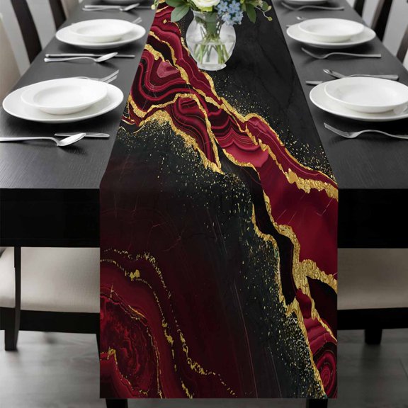 Red Marble Table Runner 48 Inches Long, Gold Abstract Vintage Modern Ombre Art Kitchen Coffee Dining Table Decoration for Home Party Birthday Wedding Home Decor 13x48 Inches