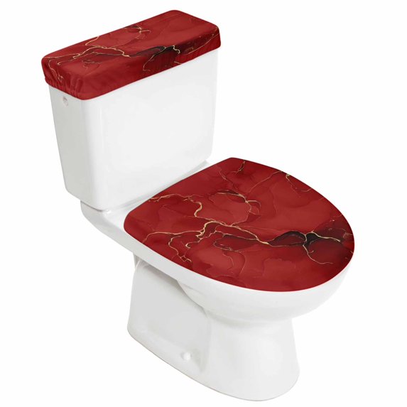 Red Marble Texture Toilet Lid Cover and Tank Cover Set, Red Marble Texture 2pc Stretch Toilet Lid Seat Covers for Bathroom Washable Protector with Elastic Edge for Standard & Elongated Toilets