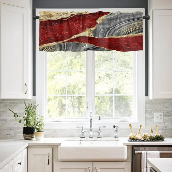 Red Marble Texture Valances for Kitchen Windows,Golden Veins Curtain Valance,Gray Gradient Short Curtains Rod Pocket Valances,Abstract Liquid Art Window Treatment for Bedroom Bathroom 54x18in