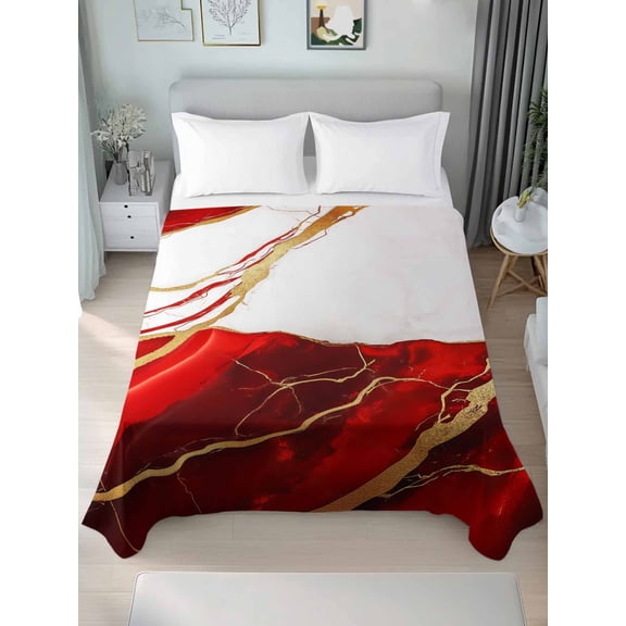 Red Marble Twim Size Flat Sheet, Wrinkleproof & Fadeproof Cooling Flat Bed Sheet Only, Modern Ink Painting Art Abstract Breathable Soft Bedding Top Sheets 66 x 96 Inches