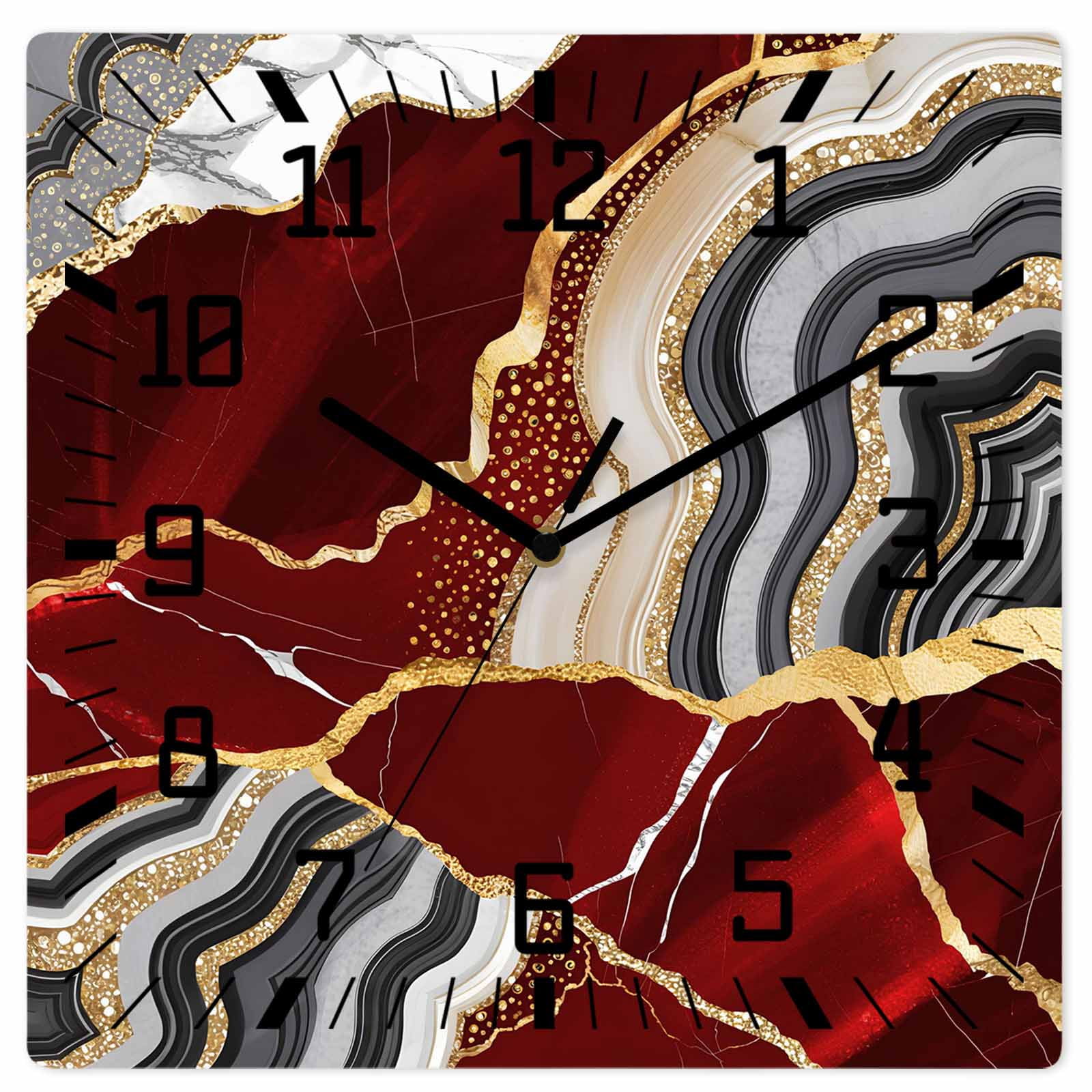 Red Marble Wooden Wall Clock Silent Non Ticking, Grey Gold Texture ...
